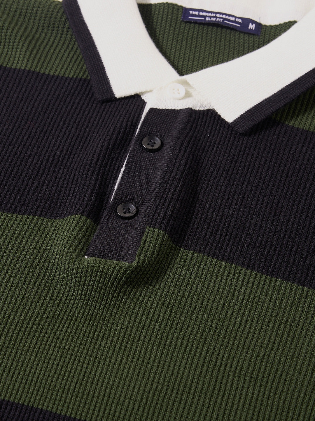 Men's Green Slim Fit Striped Flat Knit Polo T-Shirt