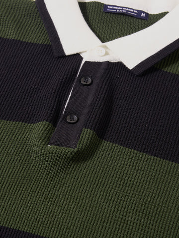 Men's Green Slim Fit Striped Flat Knit Polo Collar T-Shirt