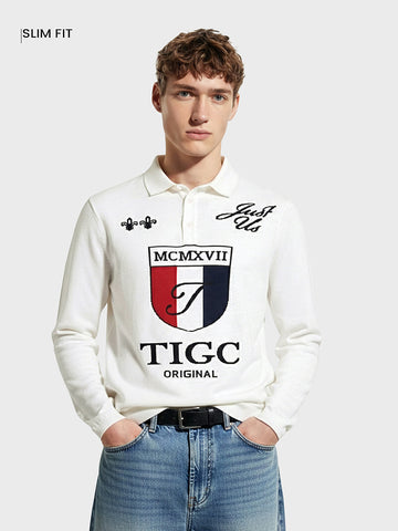 Men's White Slim Fit Graphic Printed Casual Polo T-Shirt