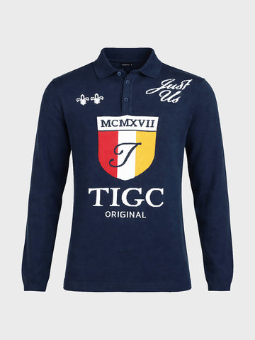 Men's Navy Blue Slim Fit Graphic Printed Casual Polo T-Shirt