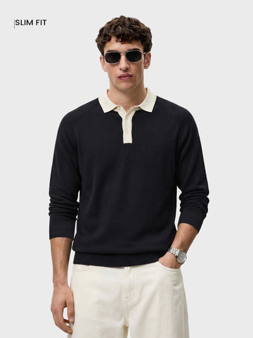 Men's Black Slim Fit Solid Flat Knit Polos T-Shirt