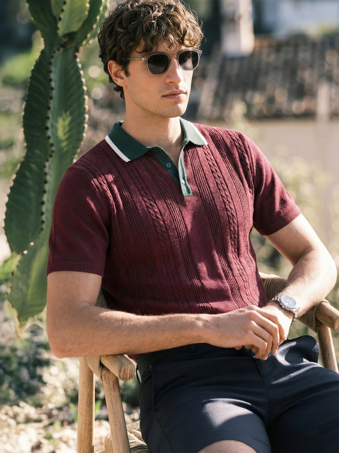 Men's Maroon Slim Fit Textured Flat Knit Polo Collar T-Shirt