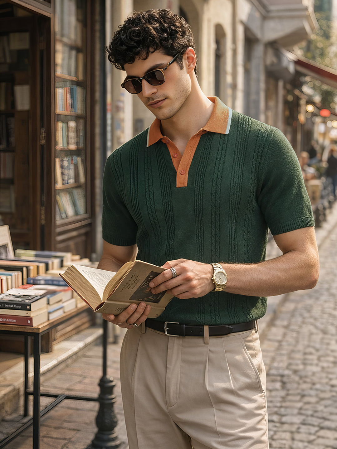 Men's Green Slim Fit Textured Flat Knit Polo Collar T-Shirt