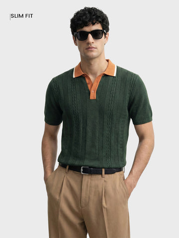 Men's Green Slim Fit Textured Flat Knit T-Shirt