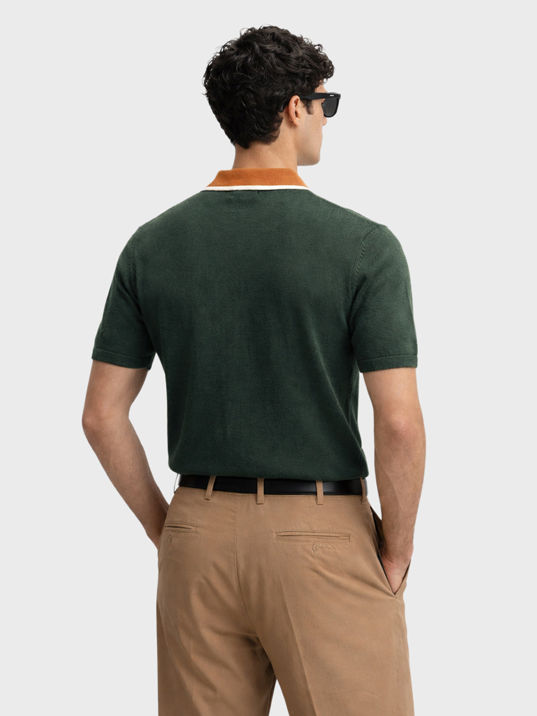 Men's Green Slim Fit Textured Flat Knit Polo Collar T-Shirt