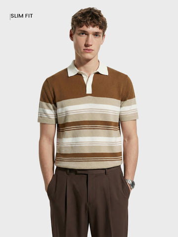Men's Brown Slim Fit Striped Flat Knit T-Shirt