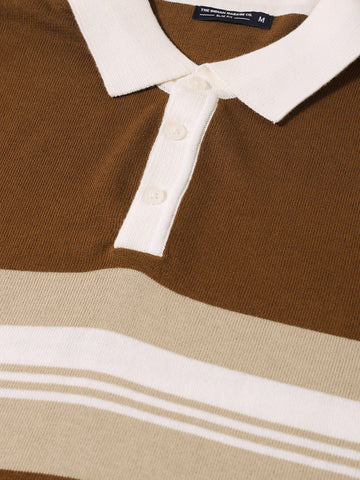 Men's Brown Slim Fit Striped Flat Knit T-Shirt