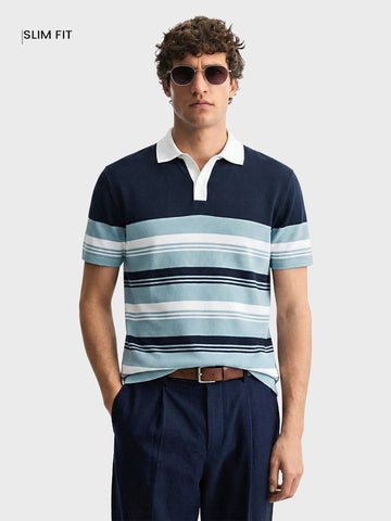 Men's Navy Blue Slim Fit Striped Flat Knit Polo T-Shirt