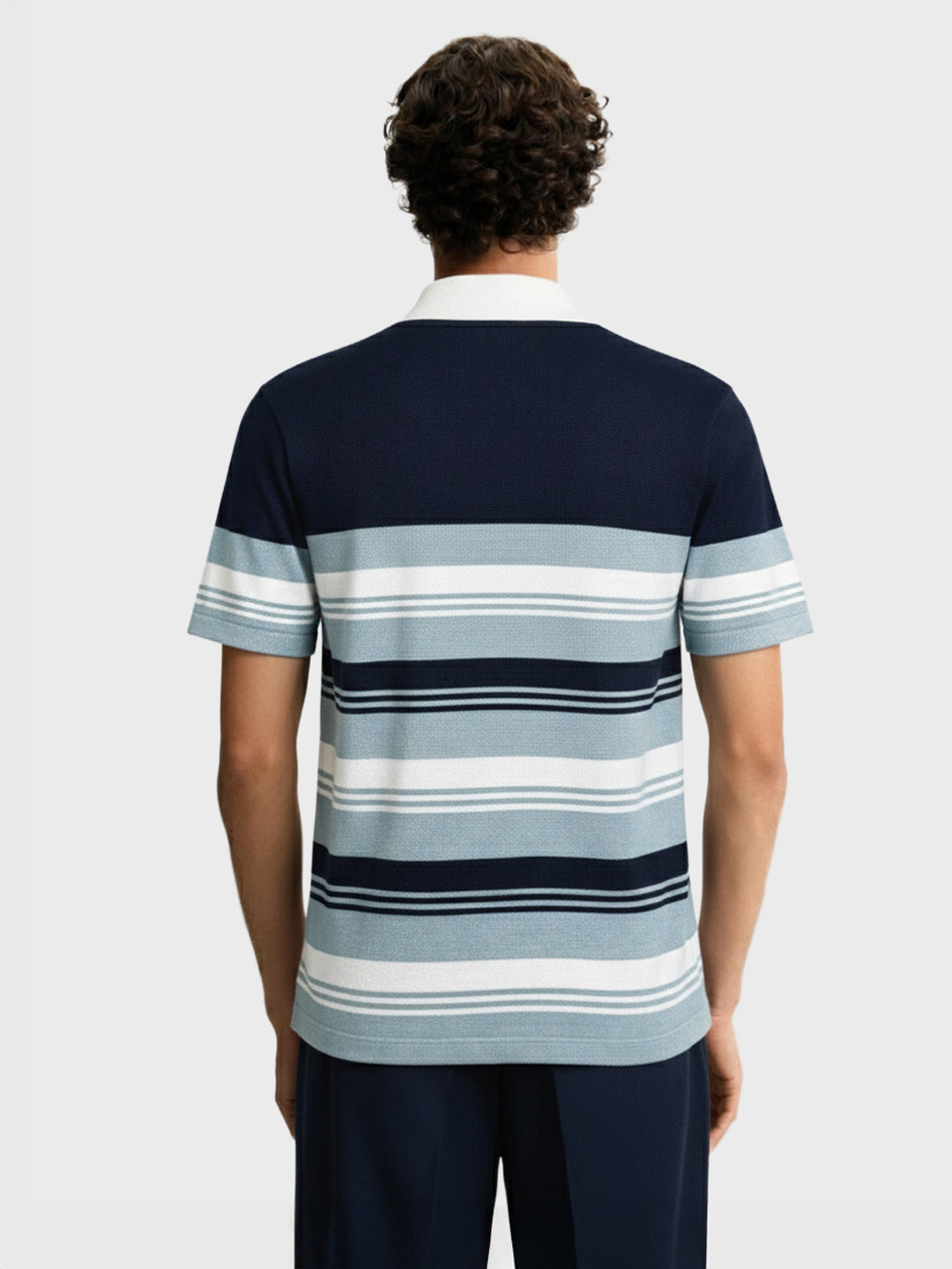 Men's Blue Slim Fit Striped Flat Knit Polo Collar T-Shirt