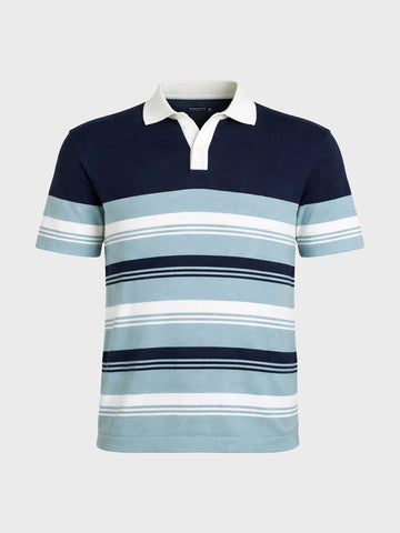 Men's Navy Blue Slim Fit Striped Flat Knit Polo T-Shirt