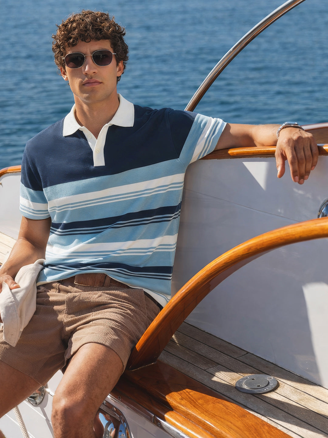 Men's Blue Slim Fit Striped Flat Knit Polo Collar T-Shirt