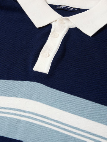 Men's Navy Blue Slim Fit Striped Flat Knit Polo T-Shirt