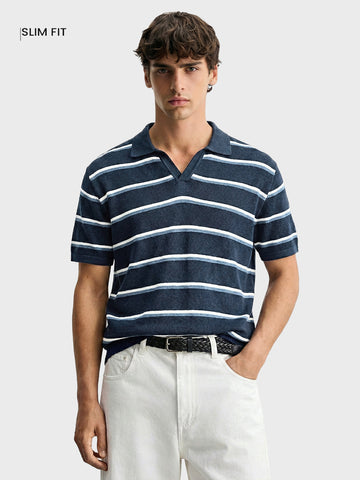 Men's Blue Slim Fit Striped Flat Knit T-Shirt