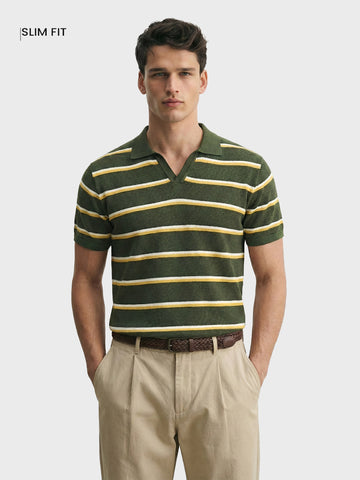 Men's Green Slim Fit Striped Flat Knit T-Shirt