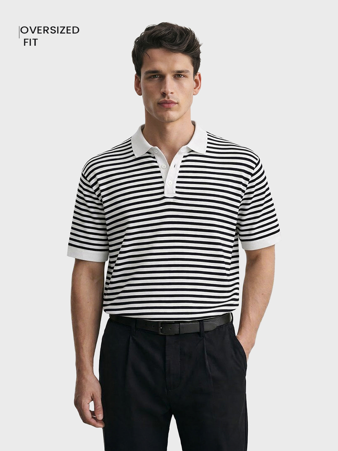 Men's White Oversized Fit Striped Flat Knit T-Shirt