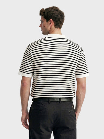 Men's White Oversized Fit Striped Flat Knit Polo T-Shirt
