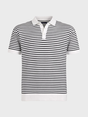 Men's White Oversized Fit Striped Flat Knit Polo T-Shirt