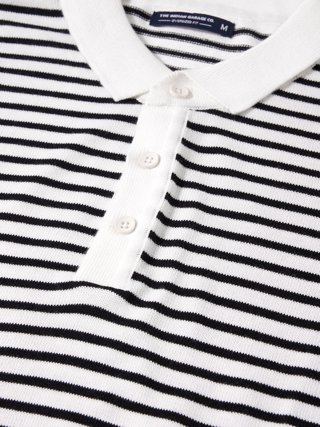 Men's White Oversized Fit Striped Flat Knit Polo T-Shirt