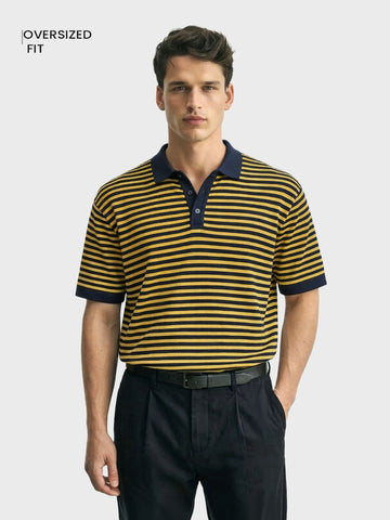 Men's Blue Oversized Fit Striped Flat Knit T-Shirt
