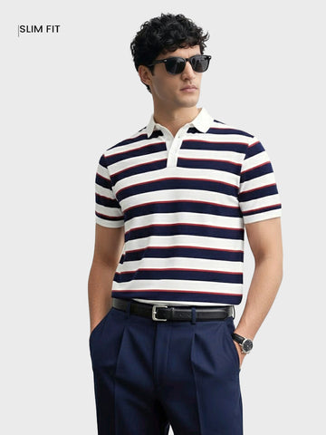 Men's White Slim Fit Striped Flat Knit Polo T-Shirt