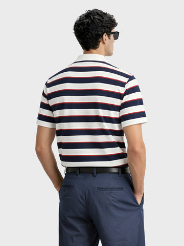 Men's White Slim Fit Striped Flat Knit Polo T-Shirt