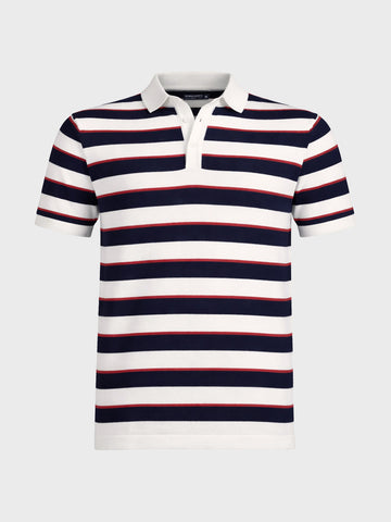 Men's White Slim Fit Striped Flat Knit Polo T-Shirt