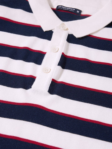 Men's White Slim Fit Striped Flat Knit Polo T-Shirt