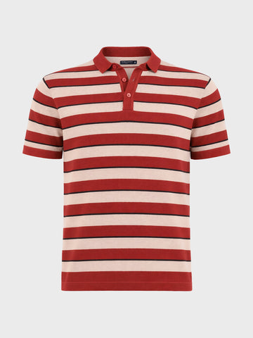 Men's Rust Slim Fit Striped Flat Knit Polo T-Shirt
