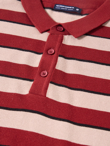 Men's Rust Slim Fit Striped Flat Knit Polo T-Shirt
