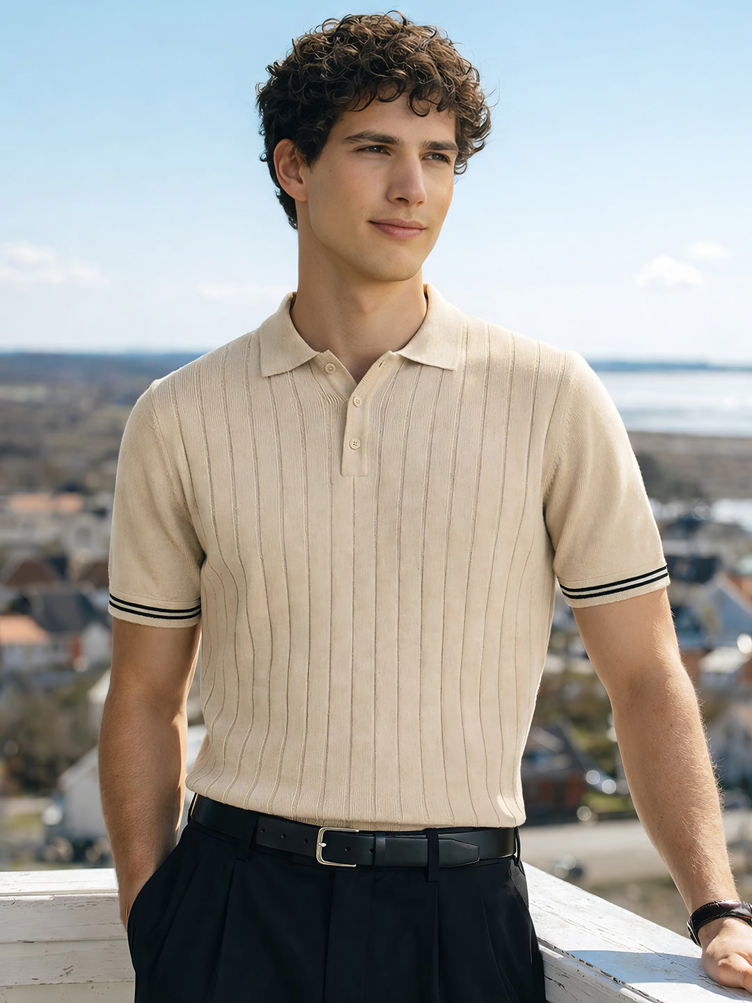 Men's Beige Slim Fit Solid Flat Knit Polo Collar T-Shirt