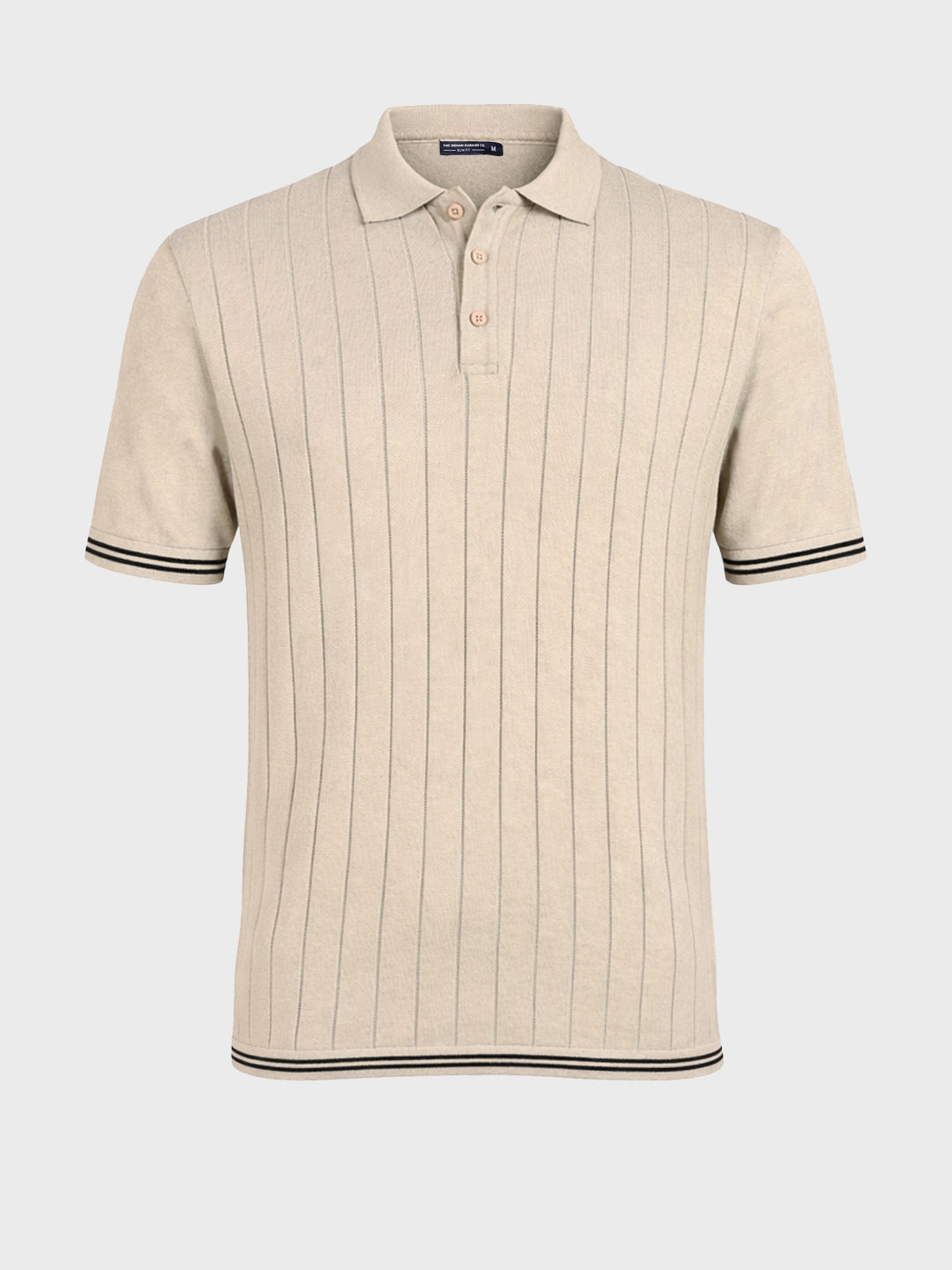 Men's Beige Slim Fit Solid Flat Knit Polo Collar T-Shirt