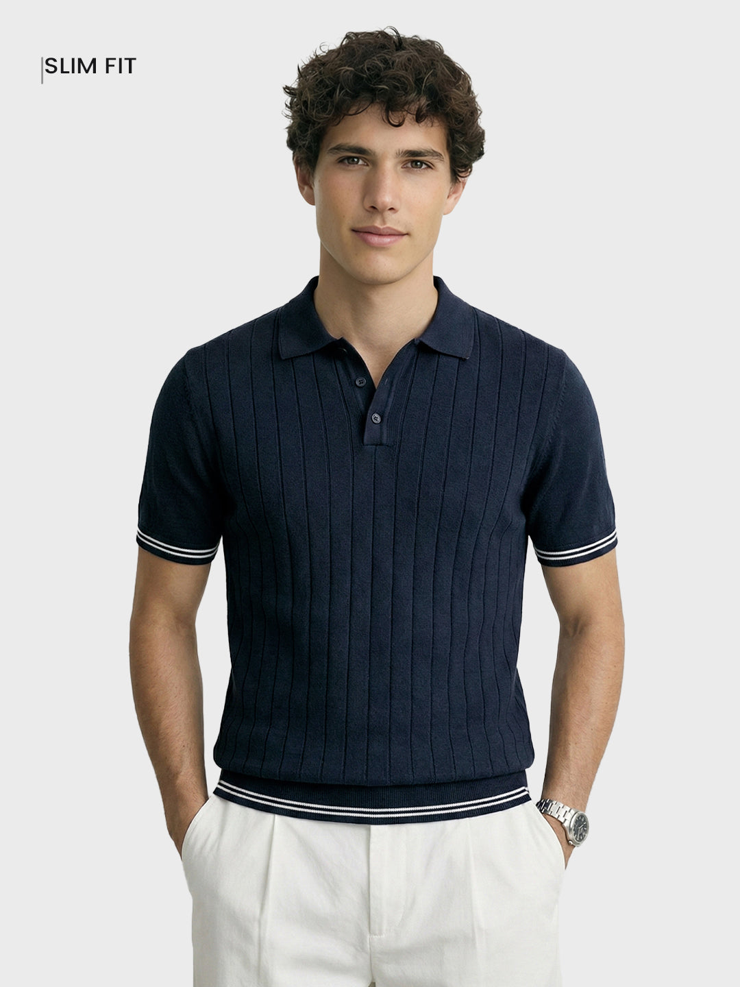 Men's Blue Slim Fit Solid Flat Knit Polo Collar T-Shirt
