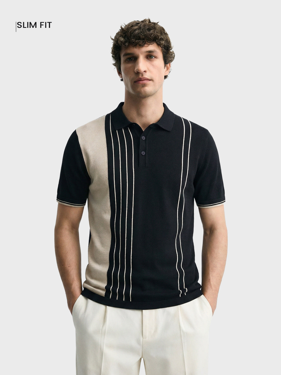 Men's Black Slim Fit Striped Casual Polo T-Shirt