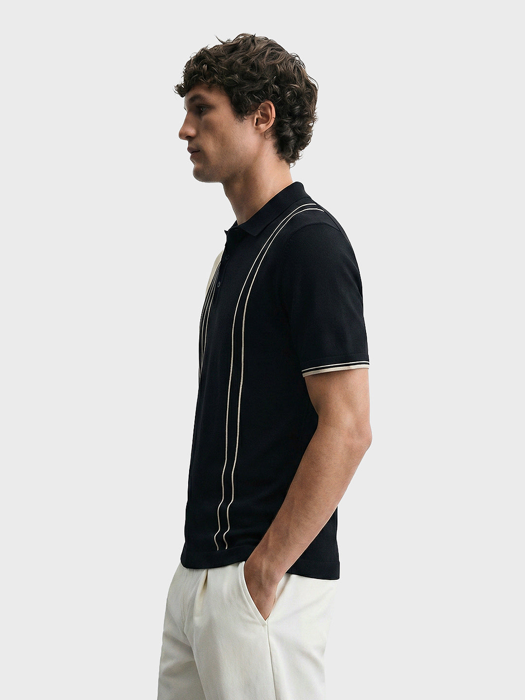 Men's Black Slim Fit Striped Casual Polo T-Shirt
