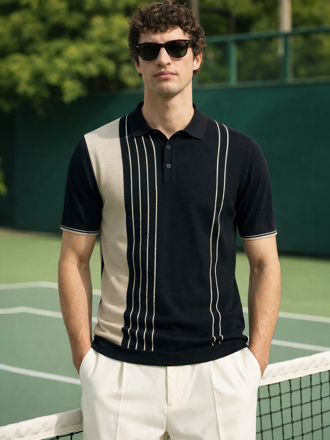 Men's Black Slim Fit Striped Casual Polo T-Shirt