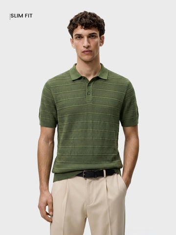 Men's Green Slim Fit Solid Flat Knit Polo T-Shirt