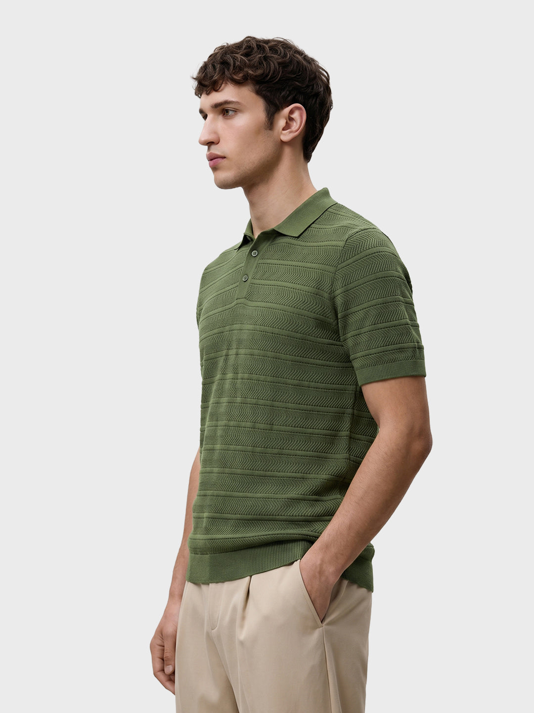 Men's Green Slim Fit Solid Flat Knit Polo T-Shirt