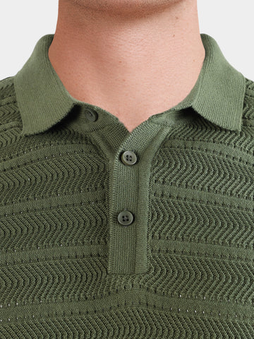 Men's Green Slim Fit Solid Flat Knit Polo T-Shirt