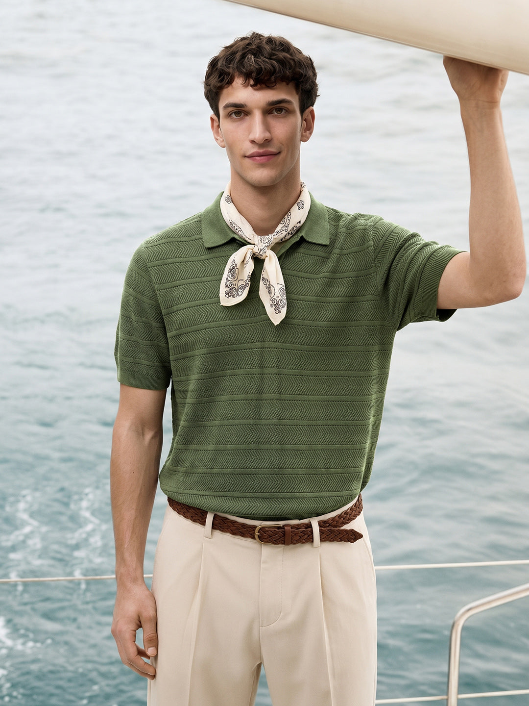 Men's Green Slim Fit Solid Flat Knit Polo T-Shirt