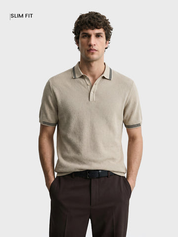 Men's Beige Slim Fit Solid Casual Polo T-Shirt