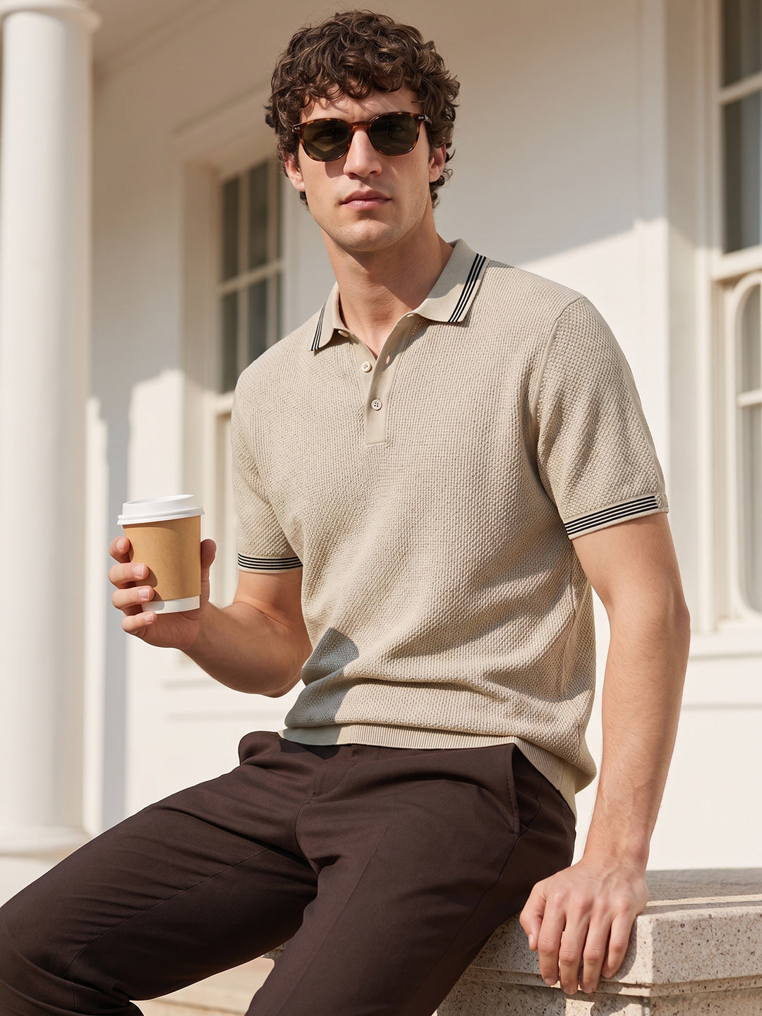 Men's Beige Slim Fit Solid Casual T-Shirt