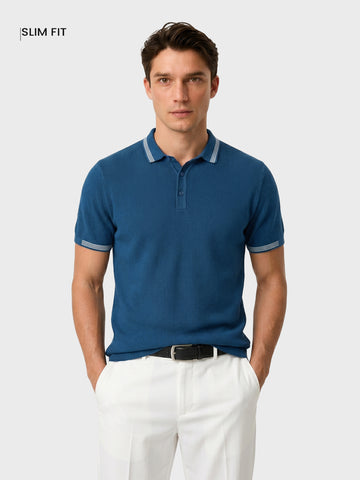Men's Blue Slim Fit Solid Casual Polo T-Shirt