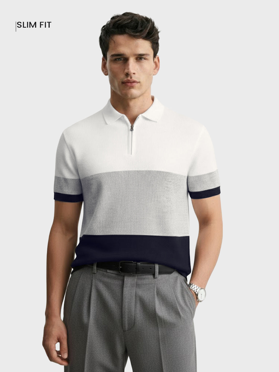 Men's White Slim Fit Striped Flat Knit Polo Collar T-Shirt