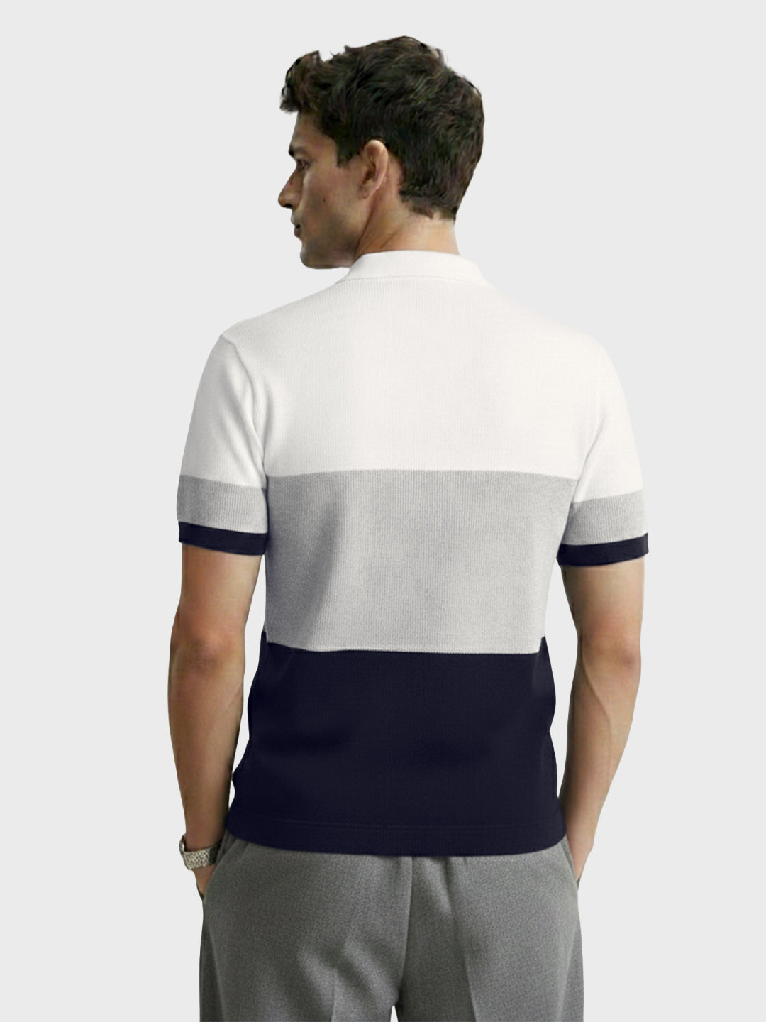 Men's White Slim Fit Striped Flat Knit Polo Collar T-Shirt