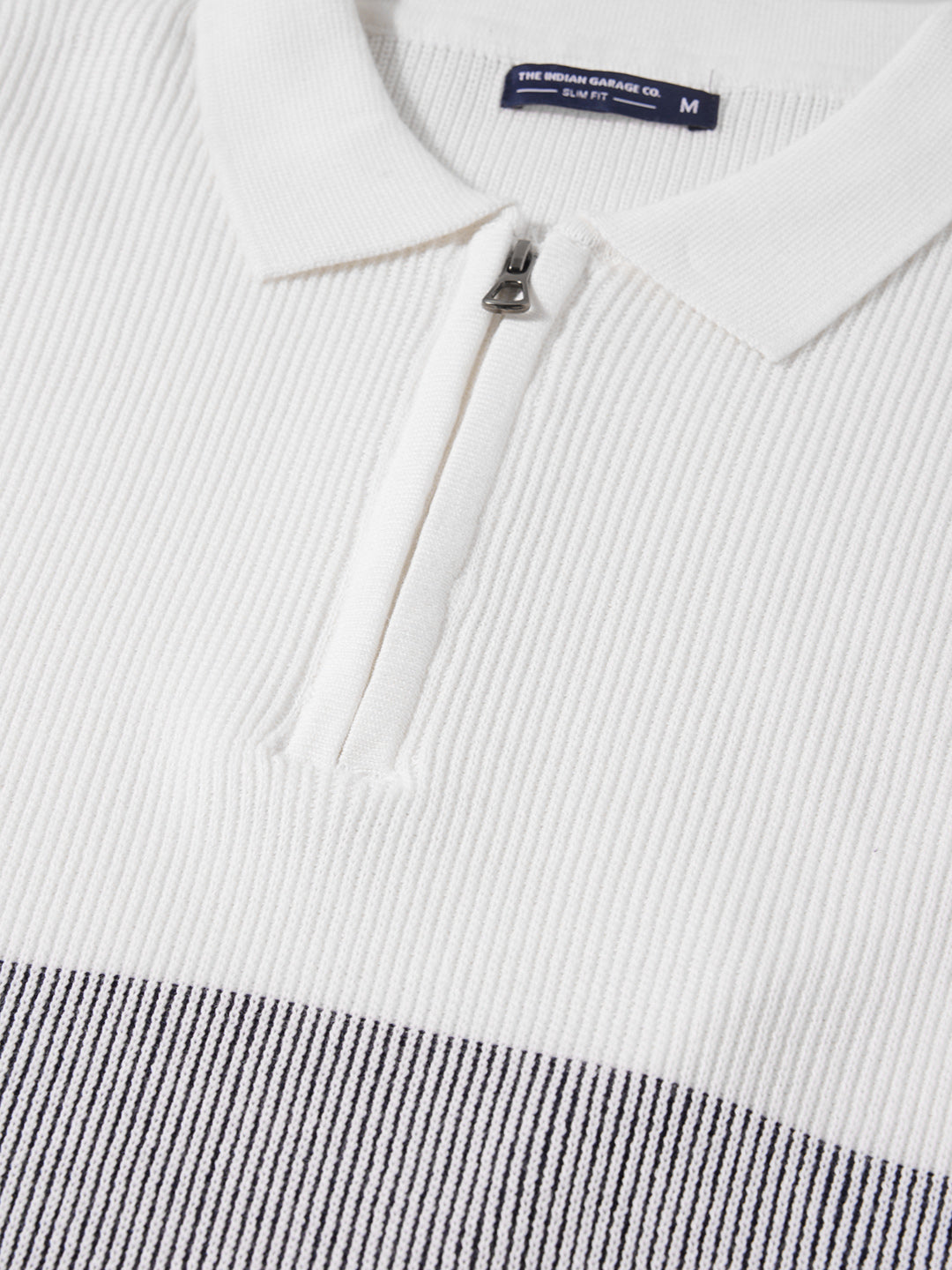 Men's White Slim Fit Striped Flat Knit T-Shirt