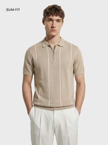 Men's Beige Slim Fit Striped Flat Knit Polo Collar T-Shirt