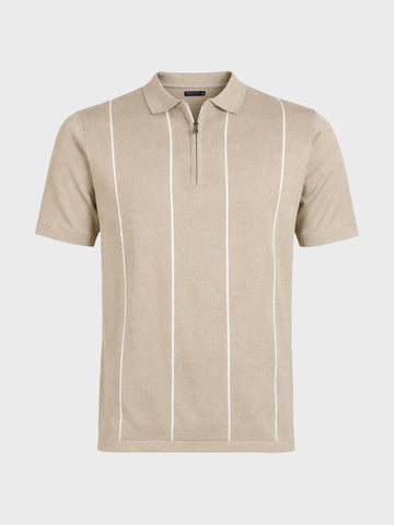 Men's Beige Slim Fit Striped Flat Knit Polo Collar T-Shirt