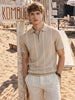 Men's Beige Slim Fit Striped Flat Knit Polo Collar T-Shirt