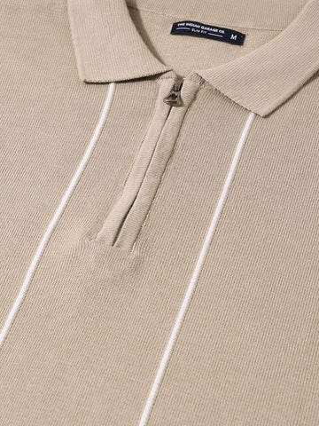 Men's Beige Slim Fit Striped Flat Knit Polo Collar T-Shirt