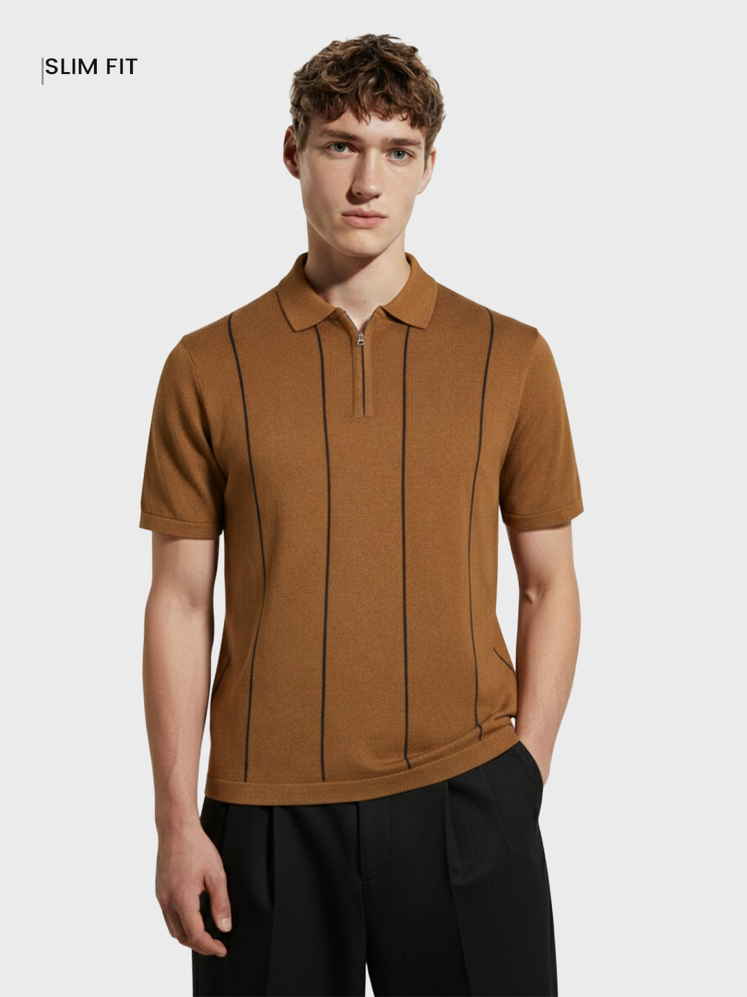 Men's Brown Slim Fit Striped Flat Knit Polo Collar T-Shirt